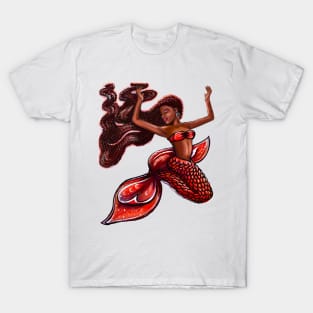 Mermaid with red fins, red locs Afro hair and brown skin. African American Mermaids T-Shirt